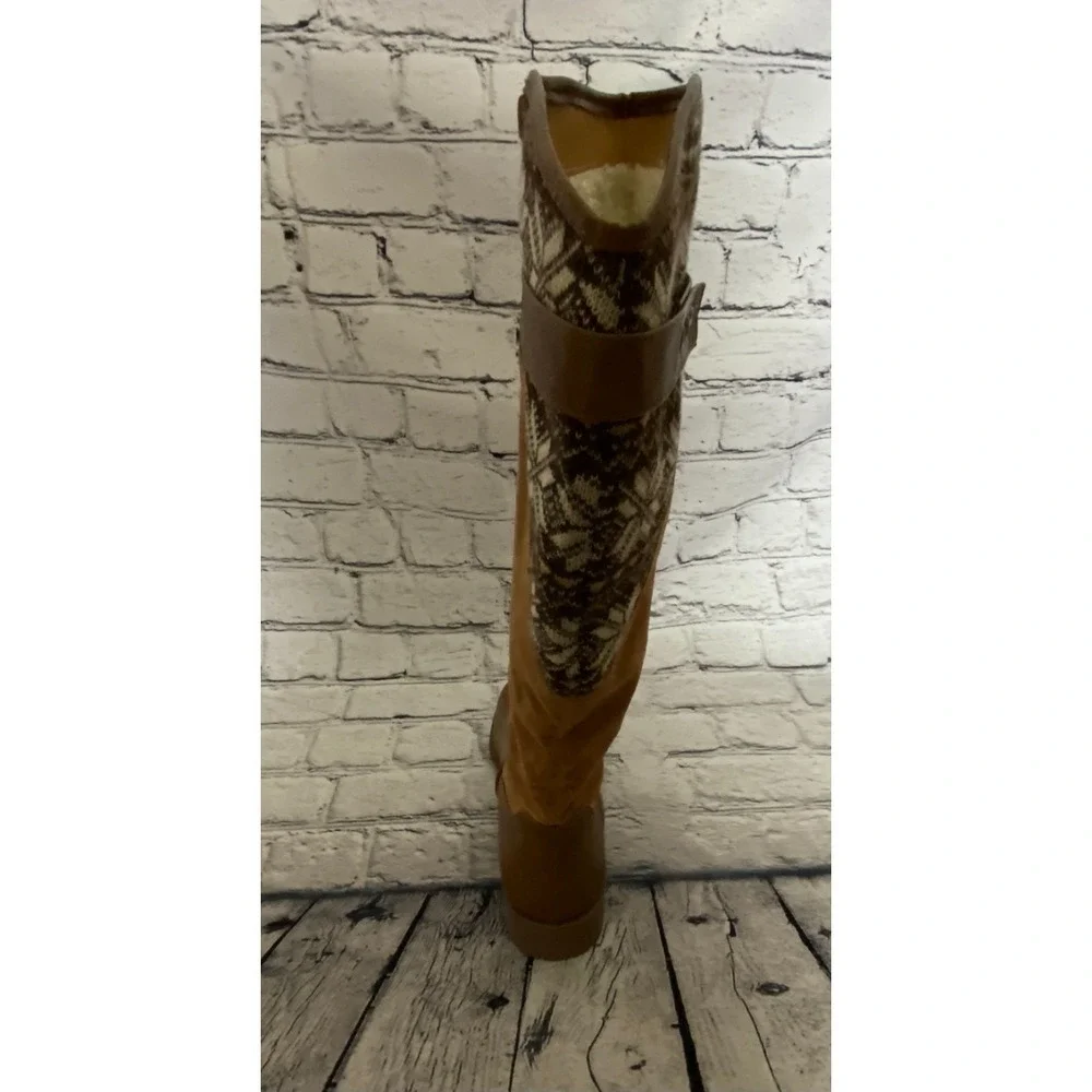 Womens‎ Knee High Boots EU 37 US 6.5 Brown Fair Isle Side Zip Faux Suede Riding